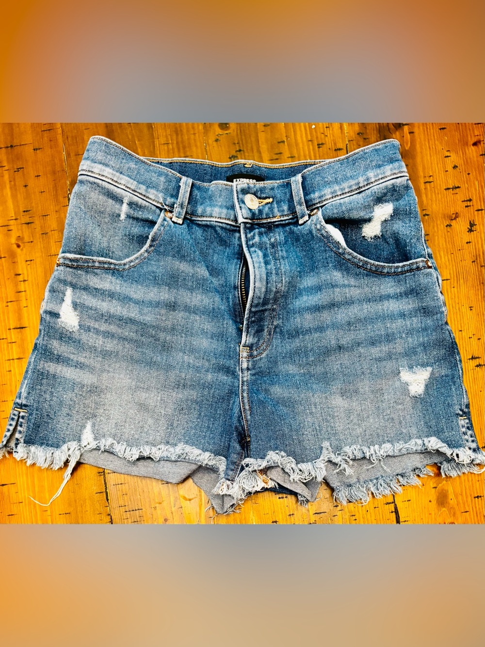 Express ‘Mom Shorts” Super High Rise LightWash Frayed Denim Cutoffs - size 2